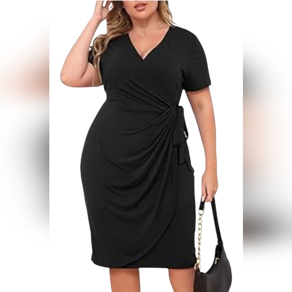 Nemidor Faux Wrap Black Midi Dress Flutter Sleeves Womens Size 22 - Picture 1 of 9